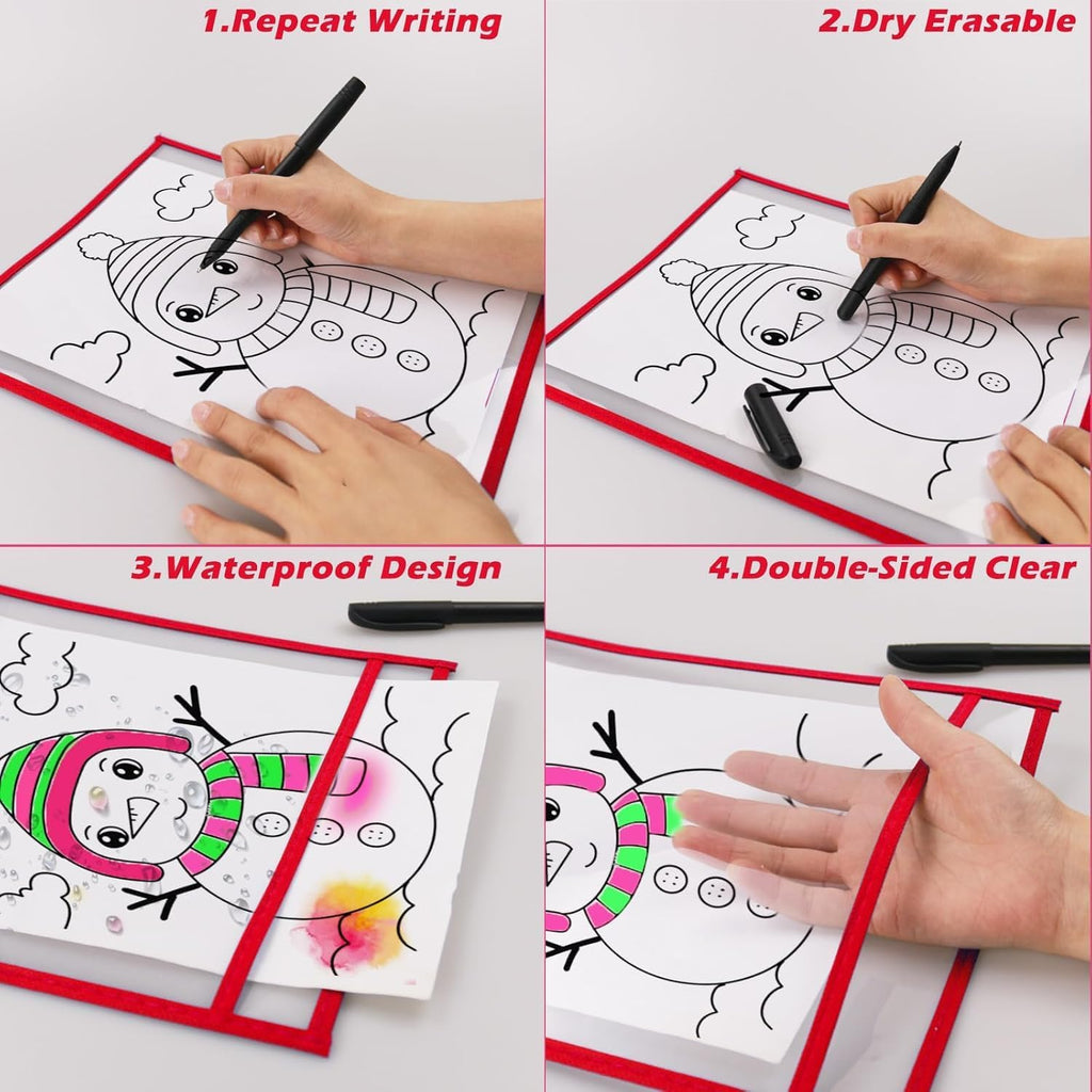 130 Packs Dry-Erase Pockets Bulk Oversized Reusable Dry Erase Pocket Sleeves with 7 Rings, 20 Assorted Colors 10x14 Ticket Holders, Clear Plastic Sheet Protectors, Teacher School Classroom Supplies