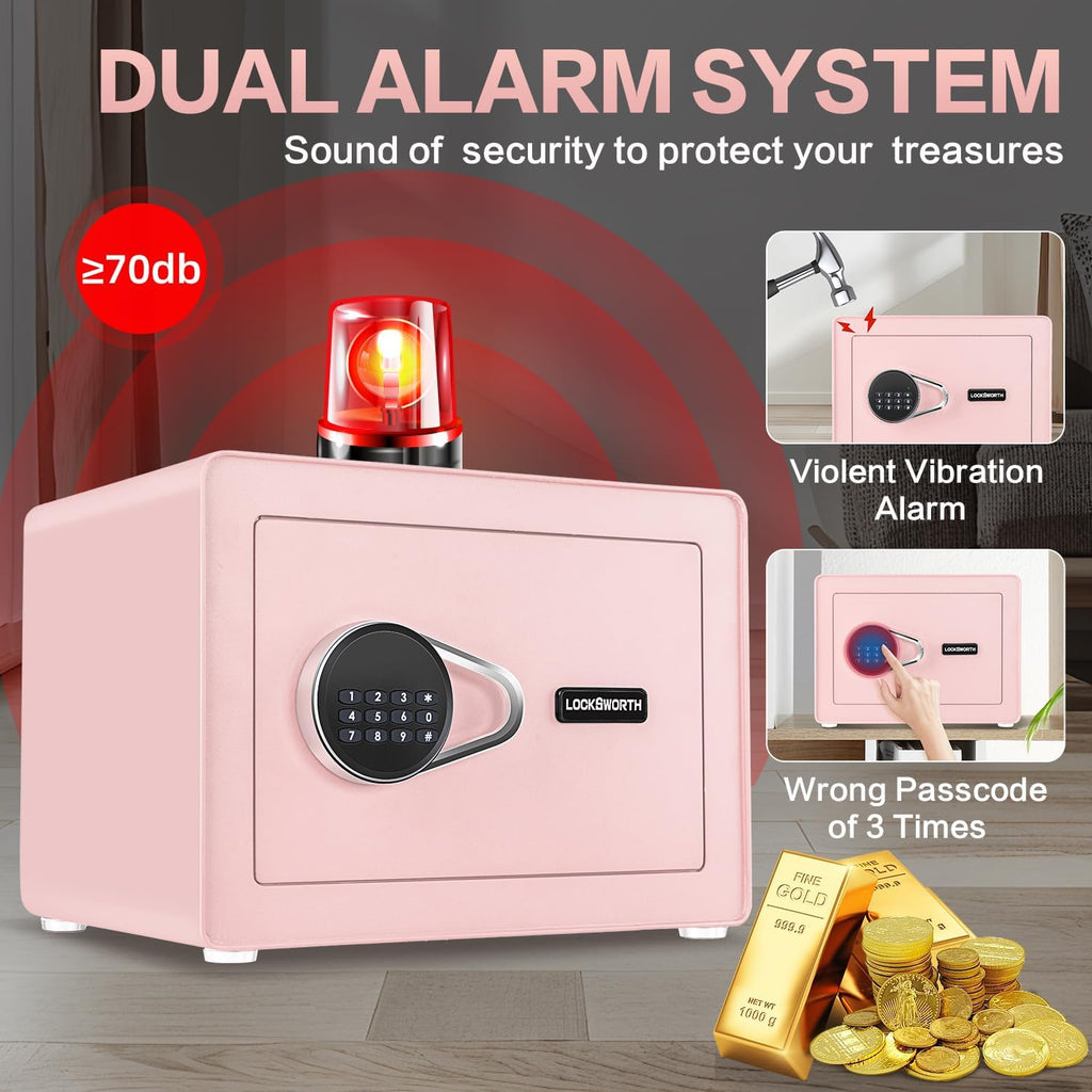 Safe for Home, 1.0 Cubic Feet Small Safe with Removable Shelf, Alarm System, Digital Electronic Security Money Box for Cash, Document, Home, Office, Hotel Use, Pink, 9.84"D x 13.78"W x 9.84"H