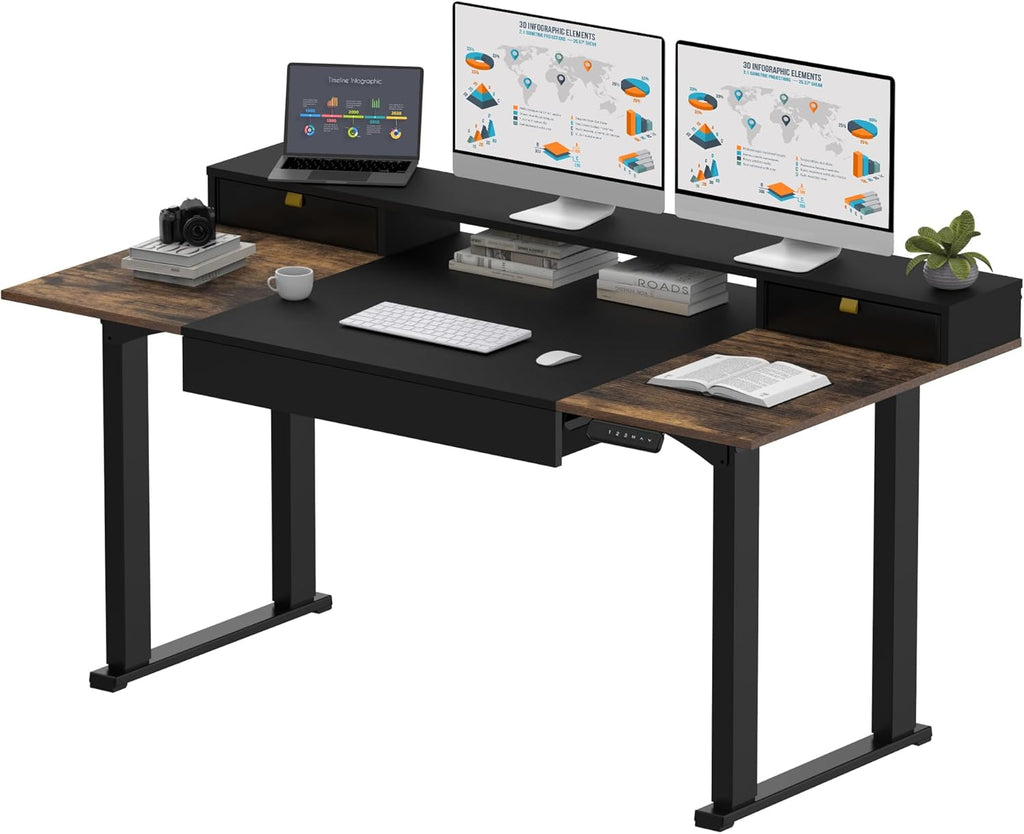 SANODESK Electric Standing Desk with Drawers, 63 x 32 inch Height Adjustable Computer Desk, Home Office Stand Up Desk with 3 Preset Heights, Black