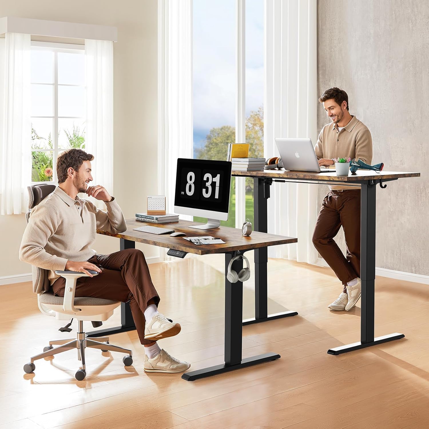 48x24 Inches Whole Piece Electric Standing Desk, Seamless One Piece Height Adjustable Sit to Stand up Desk for Home Office, Ergonomic Computer Workstation, Rustic Brown