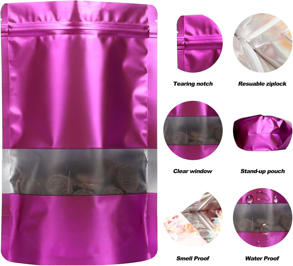100 Pack Smell Proof Bags, Resealable Mylar Bags with Matte Window, Foil Pouch Stand-up Bags for Food Self Sealing Storage, Scratch Resistant Hand Storage Bags.(Purple, 7×10 Inch)