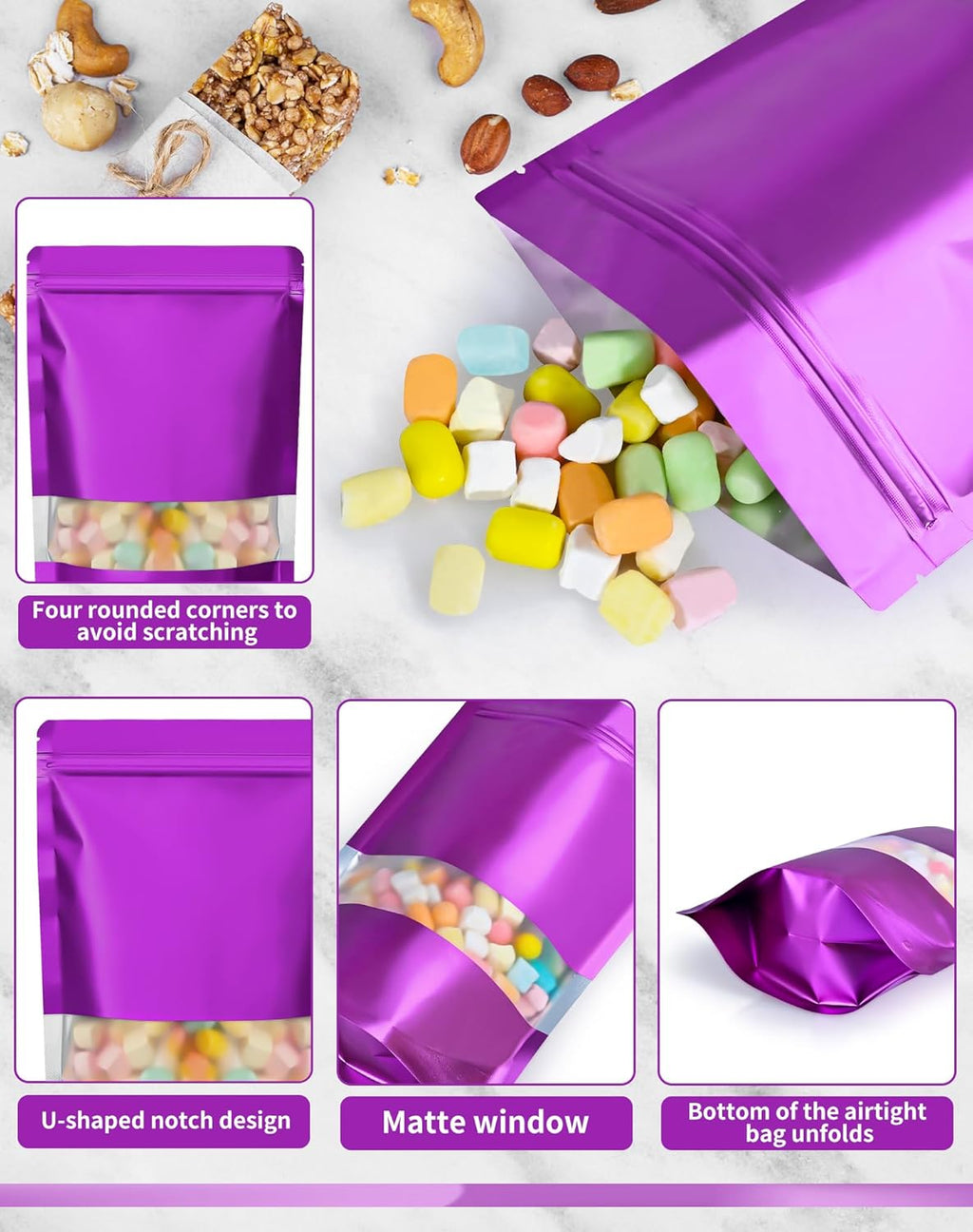 FireKylin 100 Pack Smell Proof Bags 7.1" x 10.2", Resealable Bags with Matte Window, Foil Pouch Stand Up Sealable Bags for Packaging(Purple)