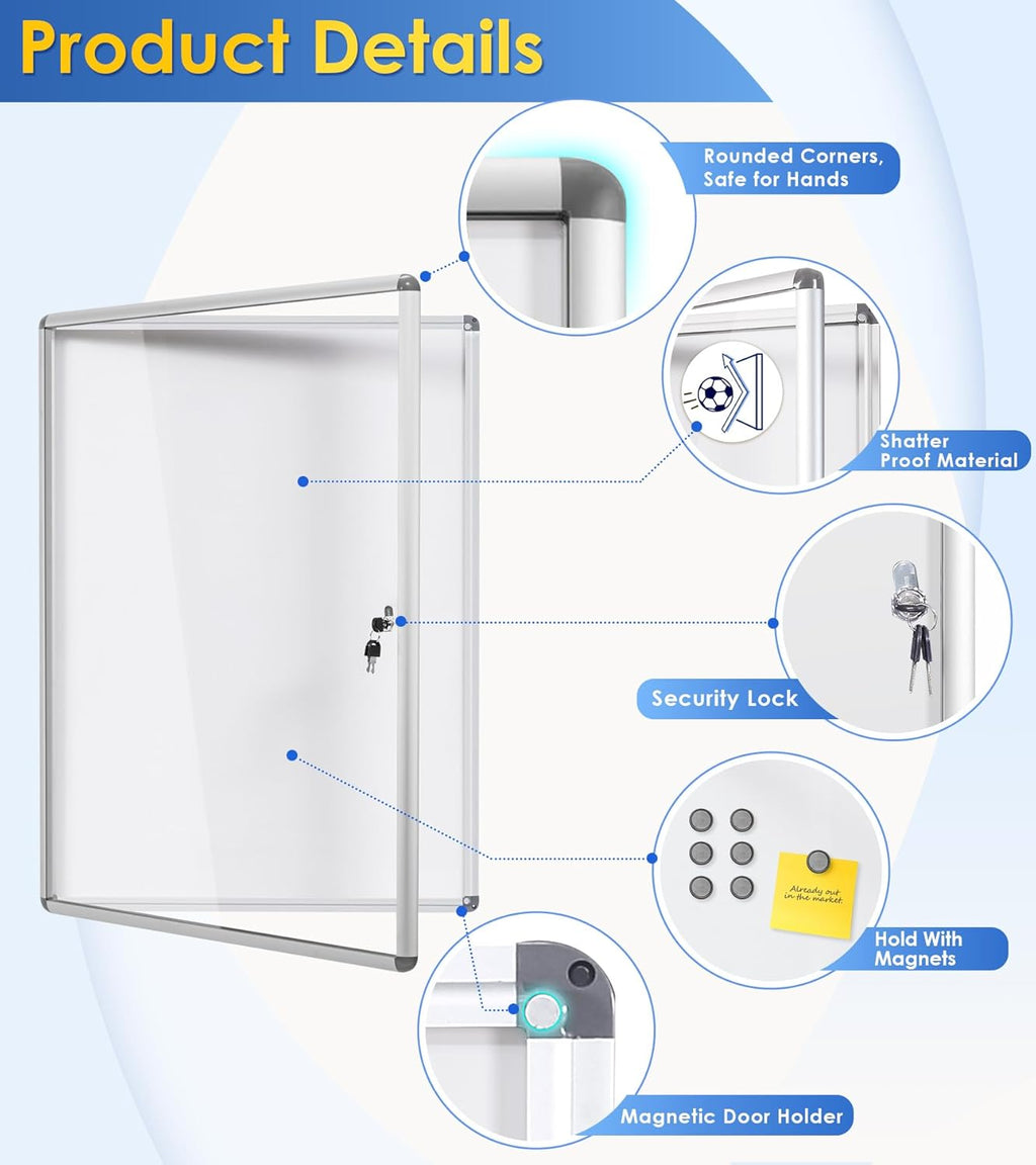 SWANCROWN Locking Bulletin Boards Enclosed Noticeboard White Glass Message Boards Indoor for School Office 38x28inch(9xA4)