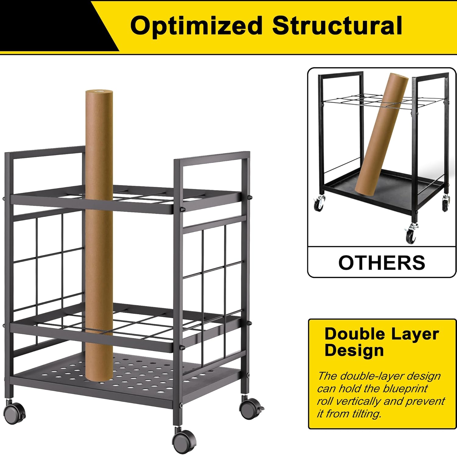 GIOTORENT Blueprint Storage Rack, Blueprint Holder with Wheels, Used for Storing Map/Poster/Blueprint/Architectural Construction Plan, 12 Slots, 2 Brakes, Silent Wheel for Home, Office, School(Black)