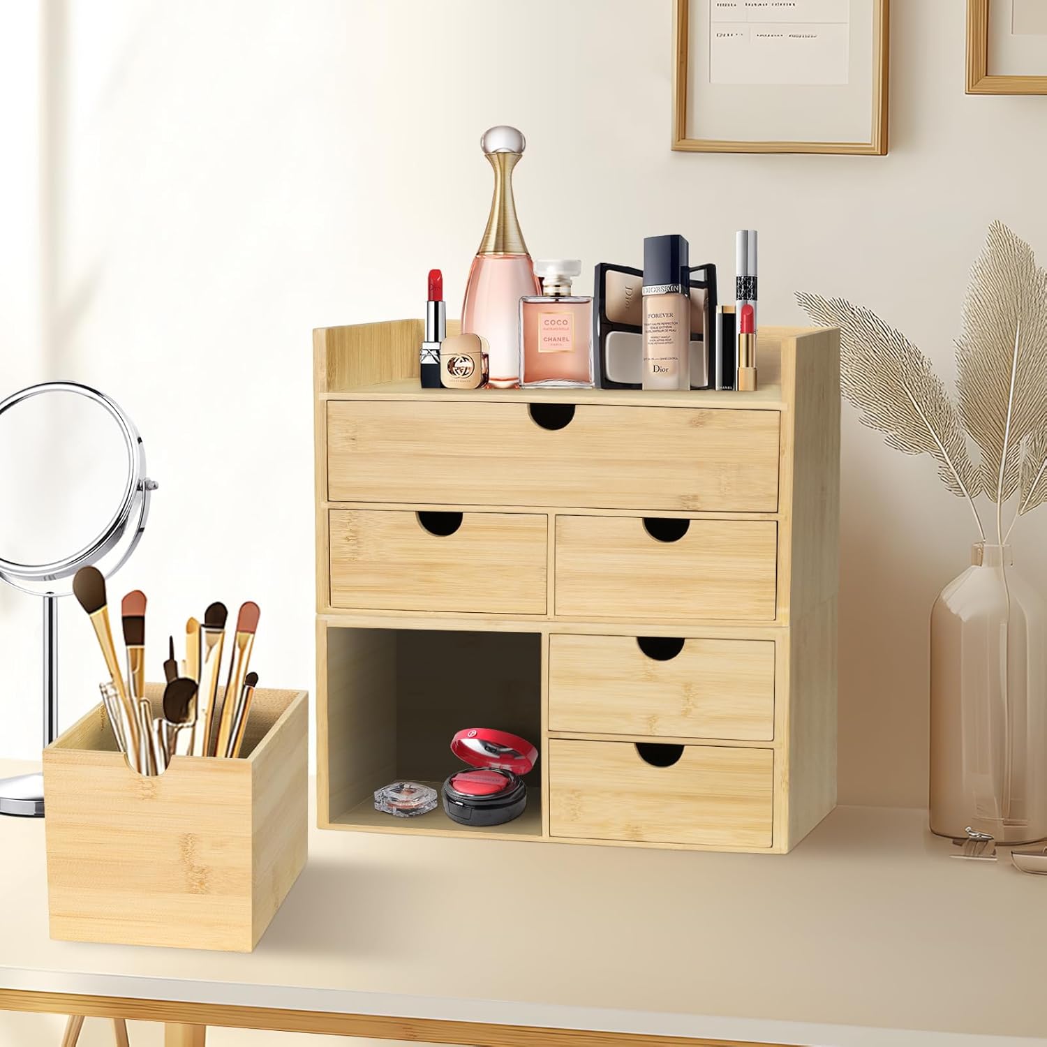 Bamboo Desk Organizer, Desktop Organizer with 3 Drawer, Tabletop Storage Organization Box for Bills, Countertop, Home Office Supplies