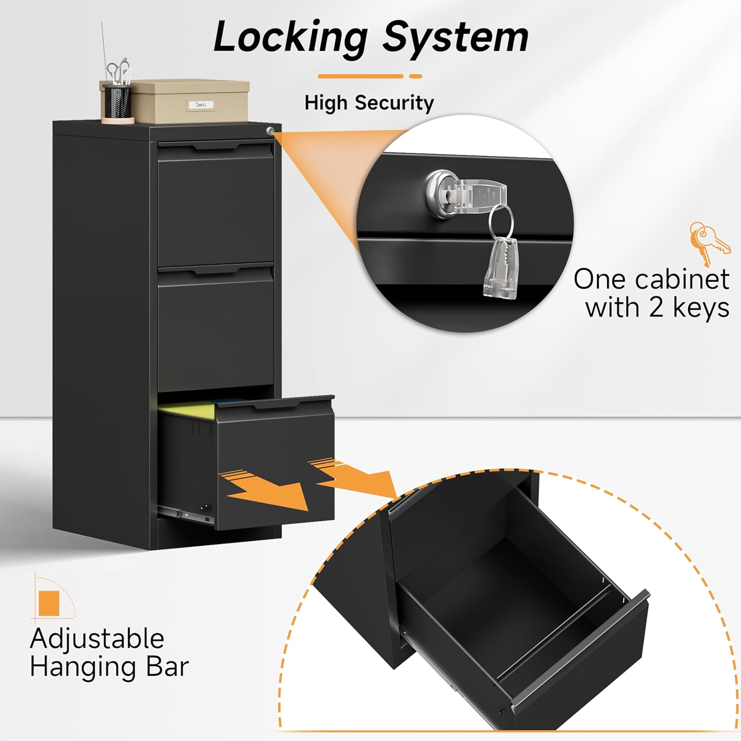 17.8" D File Cabinet, 3 Drawer Metal Filing Cabinets with Lock, Locking Vertical File Cabinet for Letter/Legal/A4/F4 Size, Easy Assemble (Black)