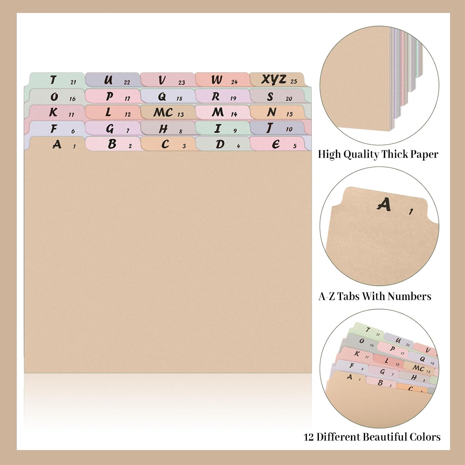 2 Set 50 Pcs Alphabet File Dividers Top Tab File Guides Set, Heavyweight A-z Letter Size Filing Cabinet Dividers 1/5 Cut Tab Desk Organizer for Work School Office(Classic Colors)