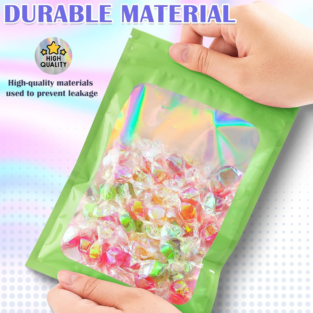 100 Pcs Mylar Bags, Smell Proof Bags Foil Pouch, Holographic Resealable Bags for Small Business, Candy Sample Jewelry Bag Sealable Packaging for Party Favor Food Storage (5.5x7.9in-Green)