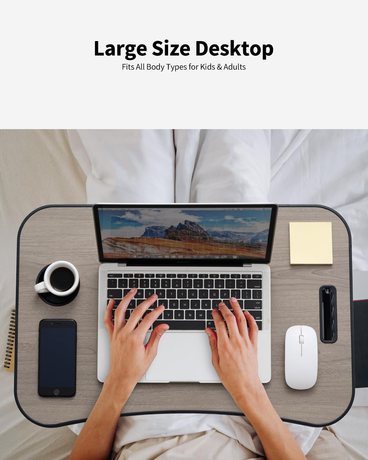Foldable Lap Desk, Laptop Bed Desk, Portable Lap Table, Laptop Bed Table with Cup Holder & Tablet Slot & Lifting Handle for Working Writing Drawing & Eating - Gray Wood
