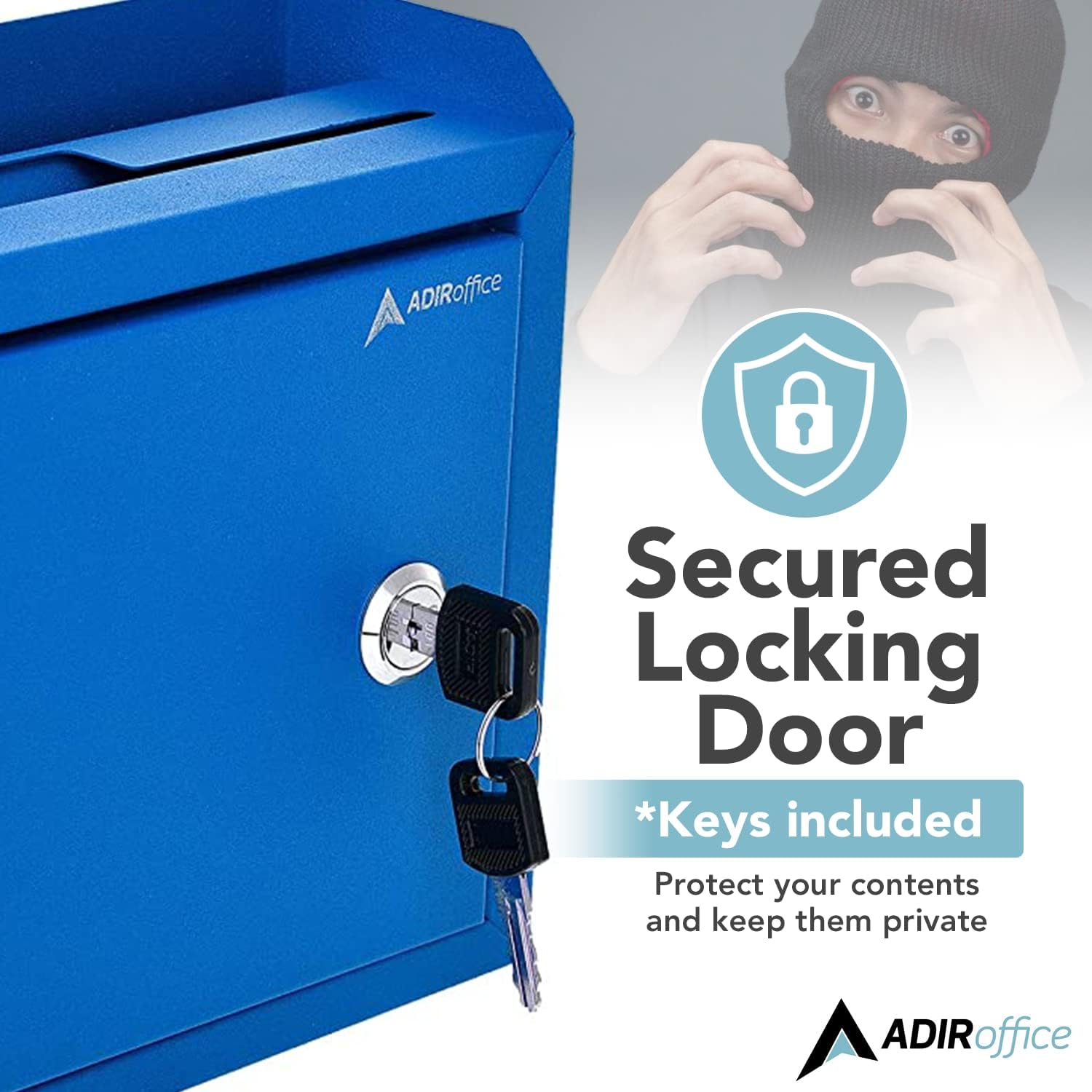 Adir Corp Suggestion Box with Slot and Lock - Drop Box with Lock, Cash Dropbox - 9.8x7.5x3.4 Inches Wall Mount Donation Box - Metal Deposit Box (Blue)