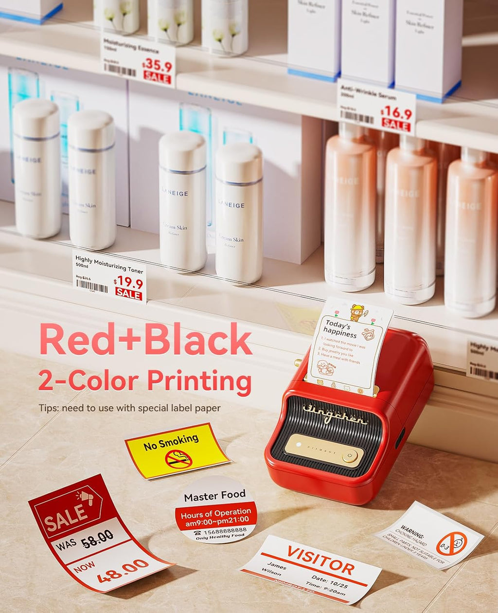 NIIMBOT B21 Pro Label Maker, 300DPI HD Label Printer, Ideal for Notes,Photos, Study Graphics, Memo Maker,50x30mm Label,230Pcs(Red)