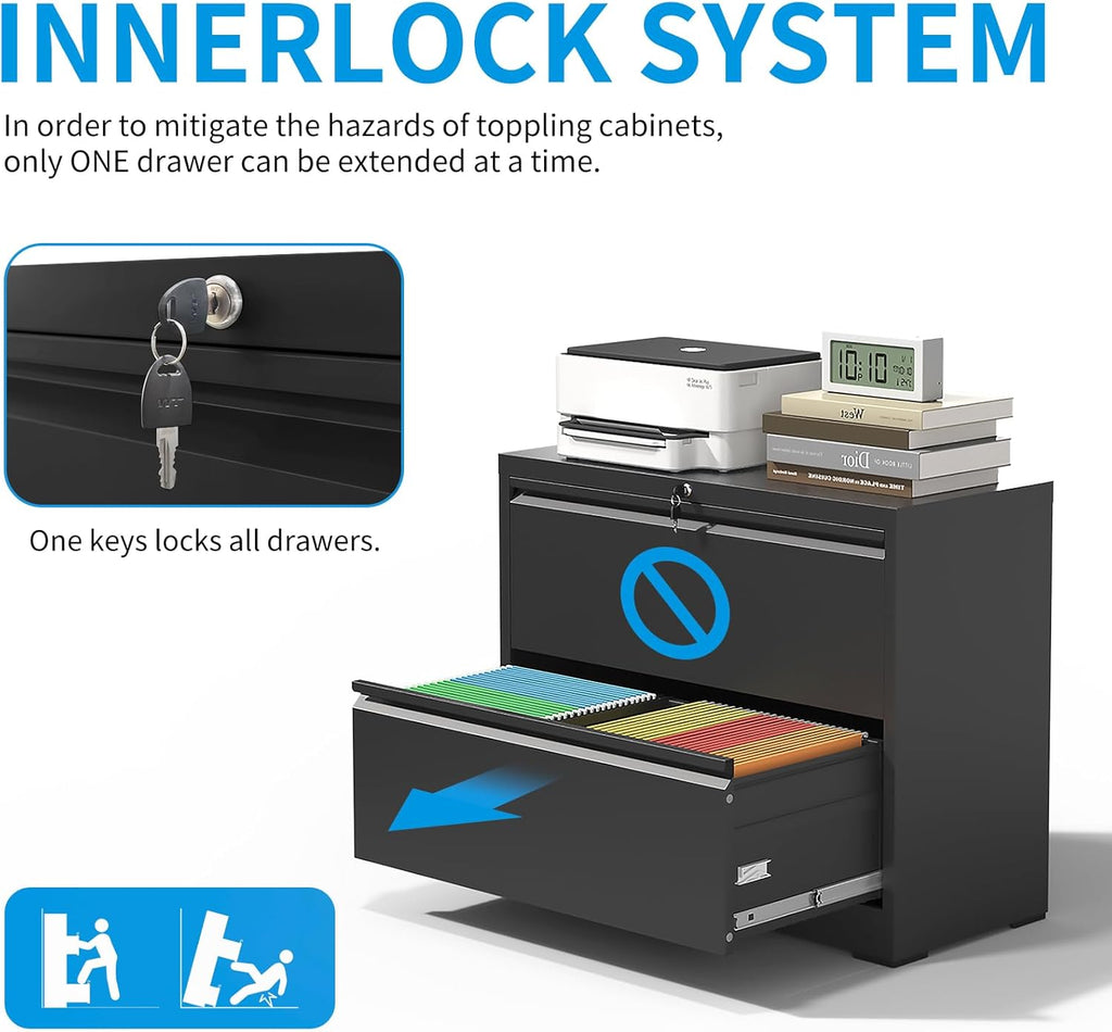 2 Drawer Lateral File Cabinet with Lock, Metal Lateral Filing Cabinet for Home Office, Steel Wide Horizontal Filing Cabinets for Letter/Legal/A4/F4 Hanging Files (Black)