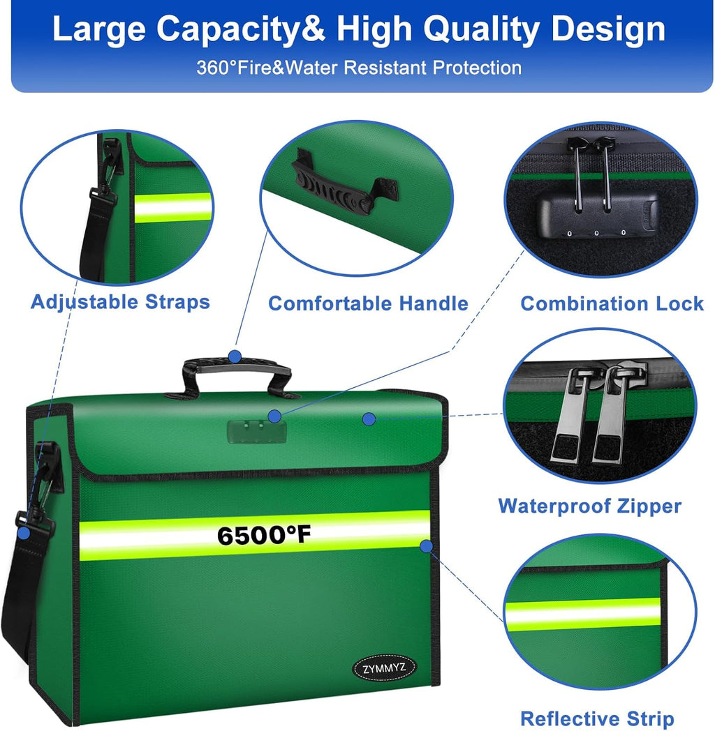 6500°F Large Fireproof Document Organizer with Lock,10 Layers Heat Insulated＆Waterproof Zipper,Removable Folder Layers/Wallet,Portable Home Travel Safe Storage for Important Documents,Files and More
