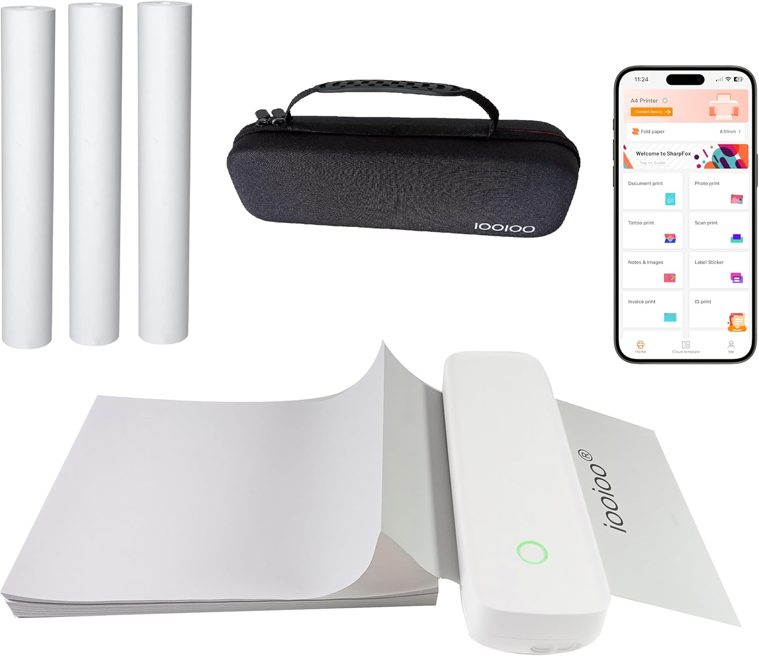 IOOIOO A80 Portable Printer no Ink Inkless Bluetooth Wireless Compact Small for 8.5x11 Letter Size Thermal Paper(impresora portátil),for iPhone Android Mobile Phone Laptop PC,Home Office Travel-White