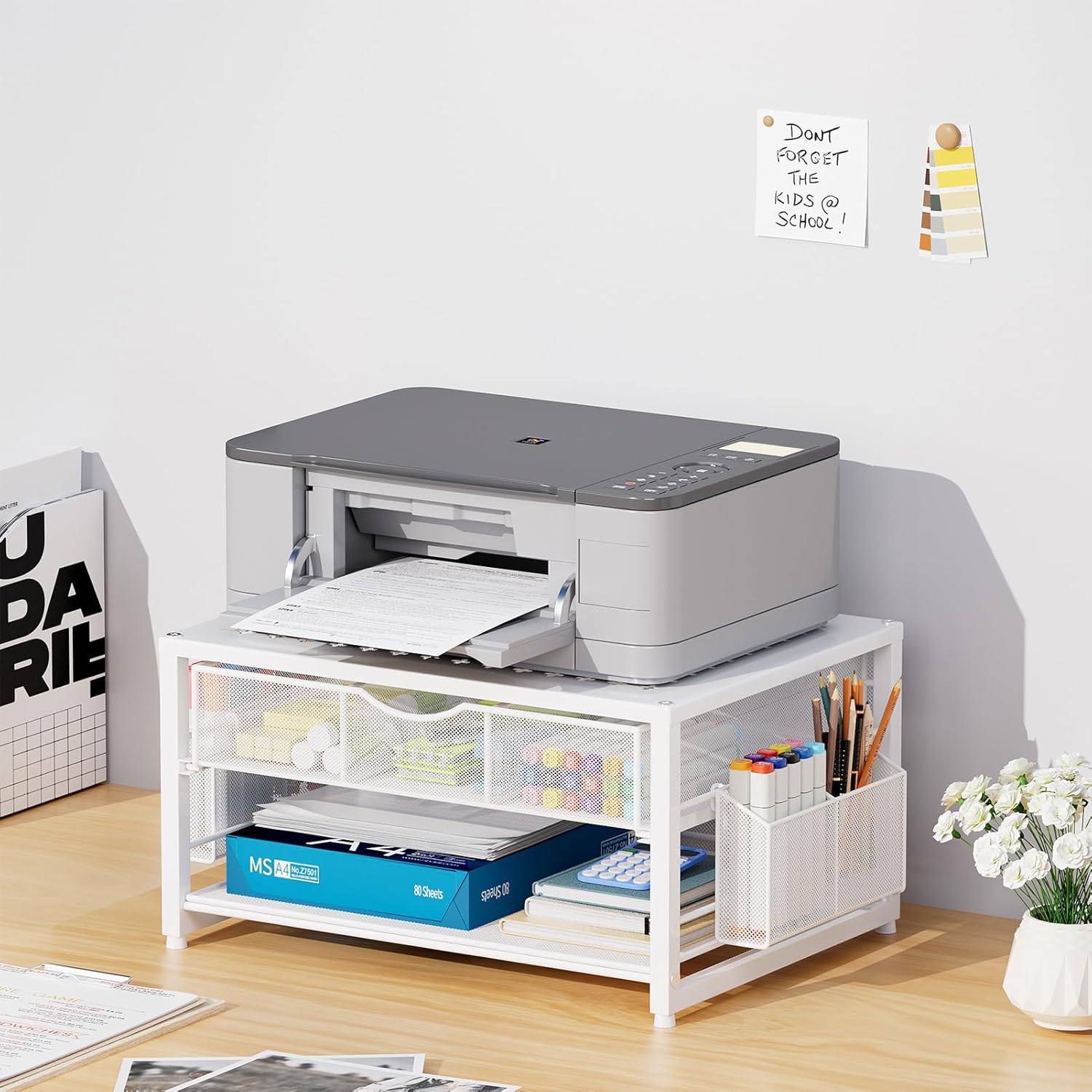Marbrasse Metal Printer Stand for Desk with Storage Drawer and 2 Pen Holders, 2-Tier Desktop Organizer Printer Table for Home Office, Multi-Purpose Desk Organizer for Fax Machine Scanner Files(White)