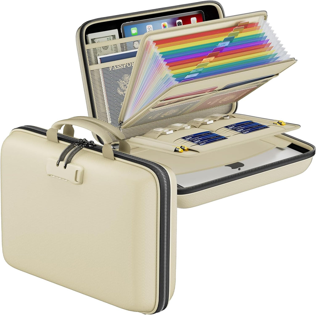 DocSafe Fireproof File Organizer with Lock, Hard-Shell Case Fireproof Document Box with 13 Pocket Accordion File Folder, Portable Home Office Travel Safe Storage for Important Documents Laptop Beige