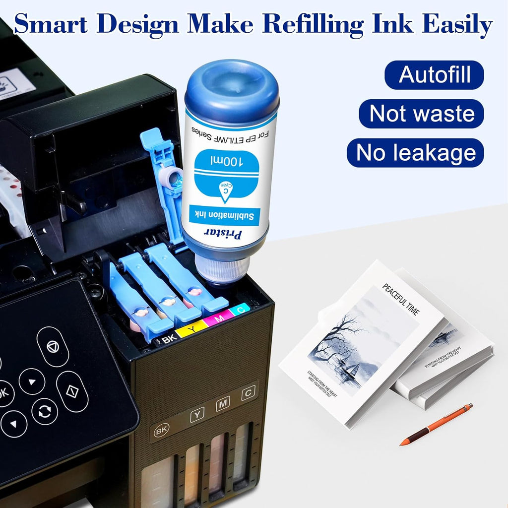 Pristar Sublimation Ink for EPS Ecotank ET 2803 ET-2800 ET-4800 ET-2850 2840 ET-2710 ET 2720 ET 2760 ET-15000 ET-3760 ET-2400 ET-2750 5170 400 ml Supertank Printer Autofill Ink for Sublimation Transfe