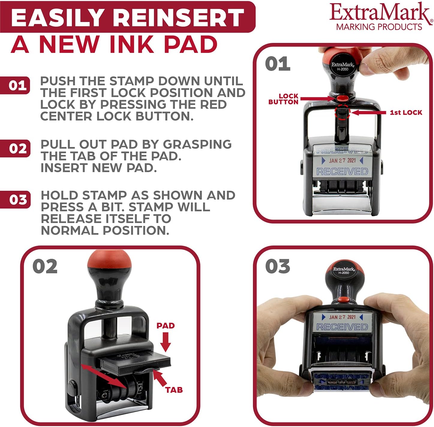 Heavy Duty Style Office Date Stamp with Denied - Self Inking Dater - Style C - Red Ink Color