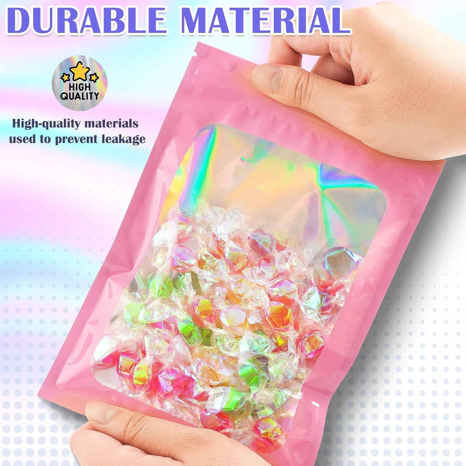 100 PCS Mylar Bags, Pink Holographic Bags, Resealable Bag for Small Business, Foil Pouch Bag for Food Storage, Bracelets, Jewelry（3x5in）