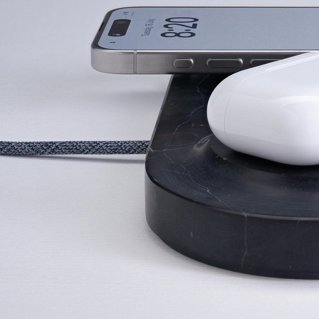 Einova Dual Classic Stone – Dual Wireless Charging Pad in Genuine Marble, Designed in Italy, Integrated 6 ft USB-C Cable, Smartphones, Wireless Earbuds, Smartwatches – Black Marquina Marble