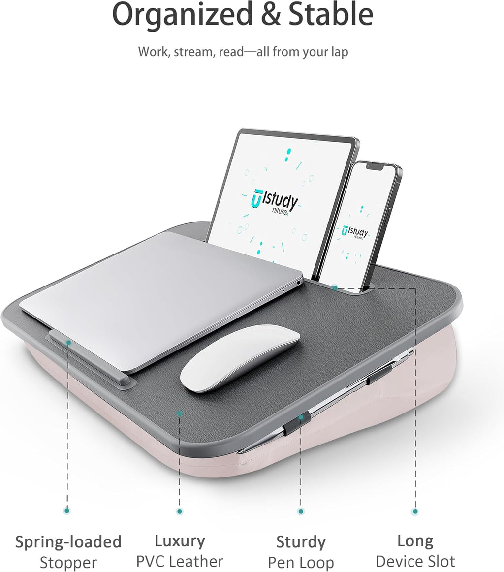 Lap Desk with Washable Cushion – Fits up to 17-Inch Laptops – Portable Laptop Desk & Stand – Bed desks & Tray for Writing, Reading, Working, Gaming on Bed, Couch, Floor –Istudyniture- Large, Beige