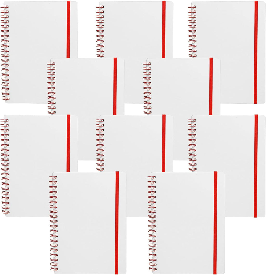 10 White Spiral Notebooks with Elastic Band Pack - 80 lined pages, Recycled - Red