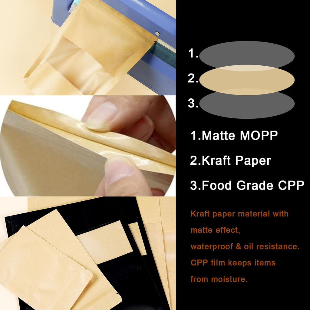 100 PCS Resealable Bags, Stand Up Kraft Paper Bags with Matte Window, Zipper Lock Food Storage Bags for Small Business and Home, 6.69 * 9.44 Inch Reusable Sealable Bags for Packaging