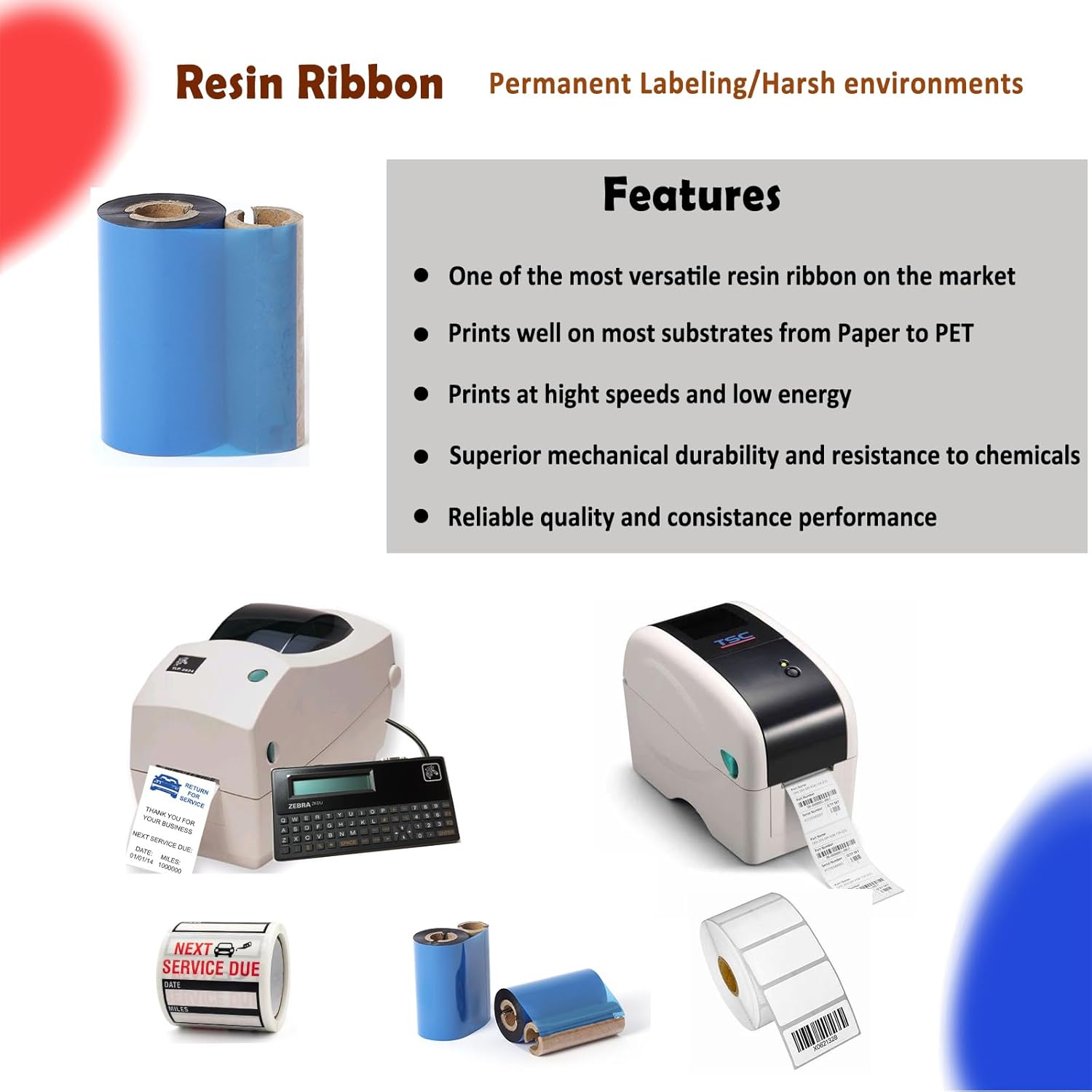 (4 Rolls) 2.24" x 244' Premium Resin Ribbon, 57mm x 74m Black Thermal Transfer Ribbon for 2'' Desk-Top Thermal Label Printers Like Zebra TLP2824, TSC, GoDex, Honeywell.. 1/2'' core