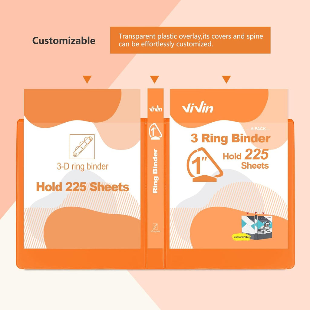 ViVin Sturdy 1 Inch D Ring Binders, 3 Ring Binders with 2 Pockets, Hold 225 Sheets of US Letter Size Paper for Office,Home,School, 6 Pack (Orange)