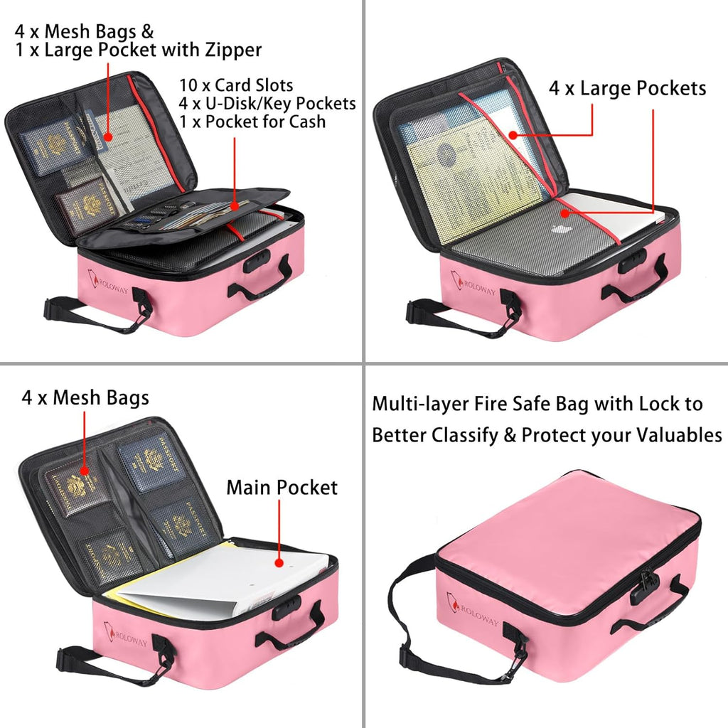 ROLOWAY Fireproof Document Bag with Lock (17 x 11.8 x 5 inch), Important Document Storage Bag with Multi-Layer File Organizers (Pink)