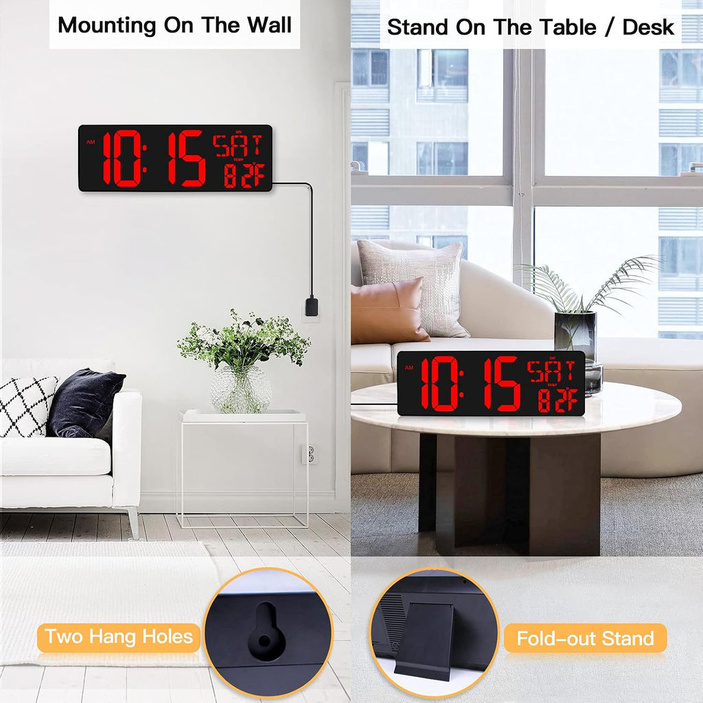 XREXS Large Digital Wall Clock with Remote Control, 16.5 Inch LED Large Display Count Up & Down Timer, Adjustable Brightness Alarm Clock with Day/Date/Temperature for Home, Gym, Office and Classroom