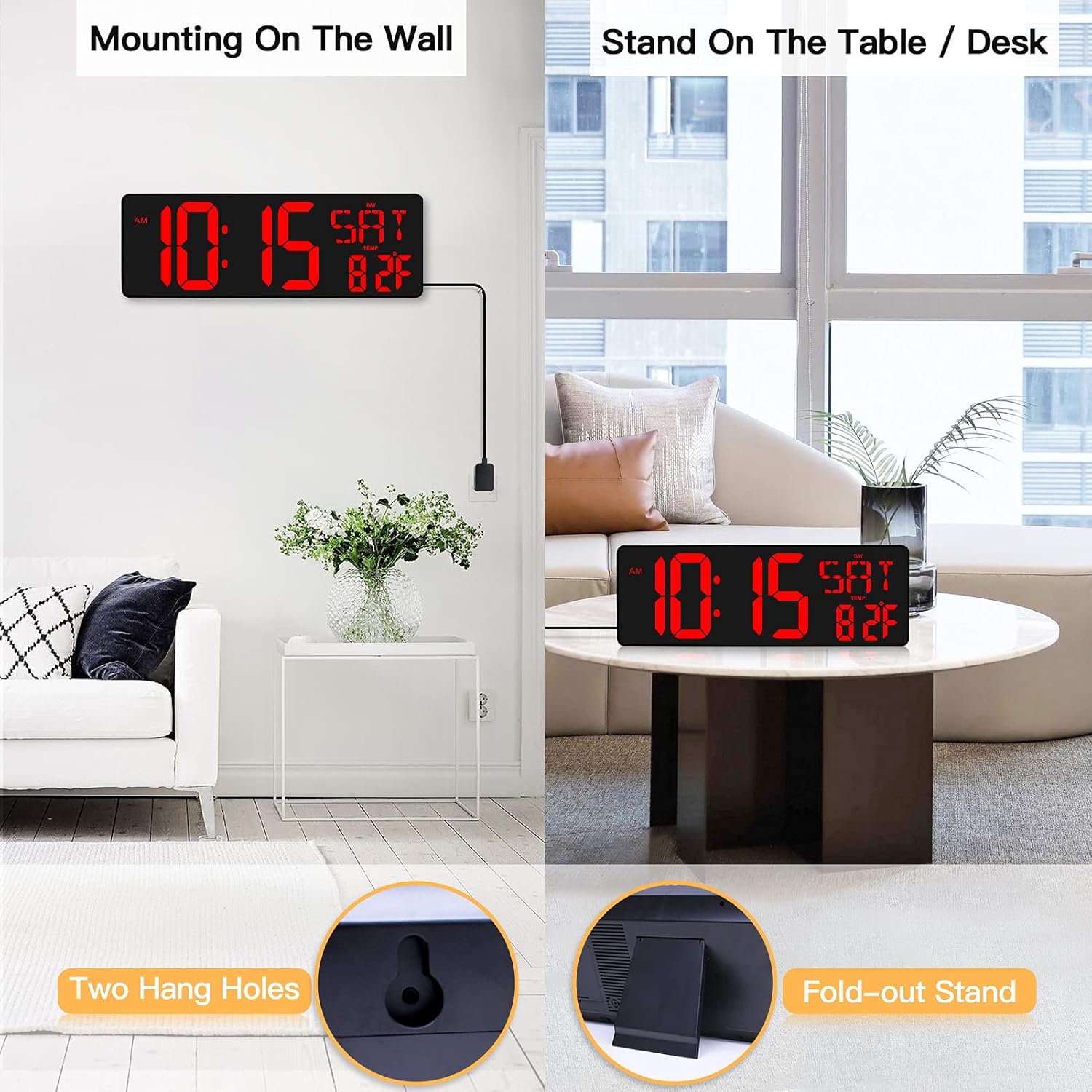 XREXS Large Digital Wall Clock with Remote Control, 16.5 Inch LED Large Display Count Up & Down Timer, Adjustable Brightness Alarm Clock with Day/Date/Temperature for Home, Gym, Office and Classroom