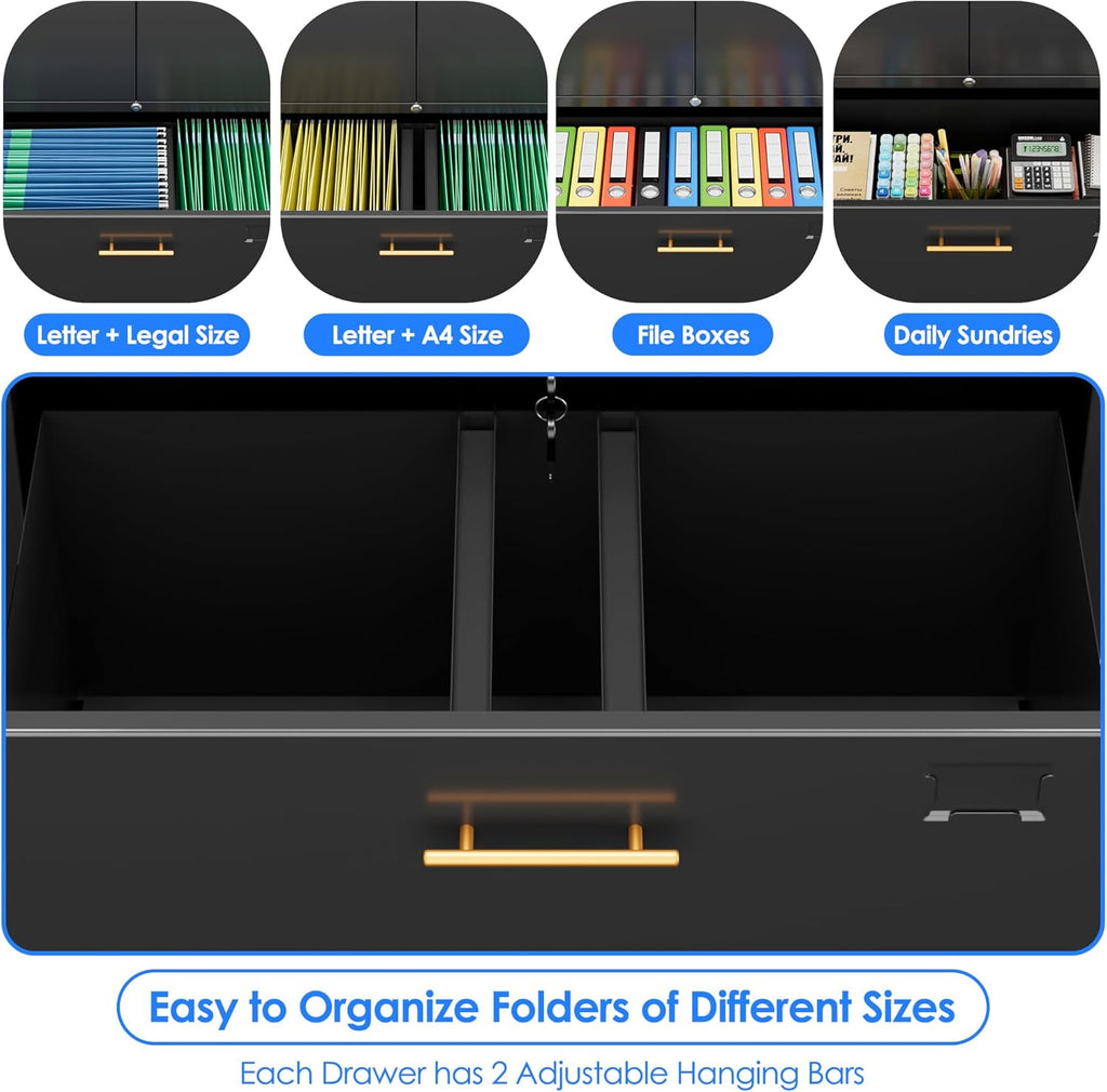 1 Drawer Lateral File Cabinet with Lock, Metal Filing Storage Cabinet with Locking Doors and Adjustable Shelf for Home, Office, School, Fits A4/Letter/Legal Size Folders, Black