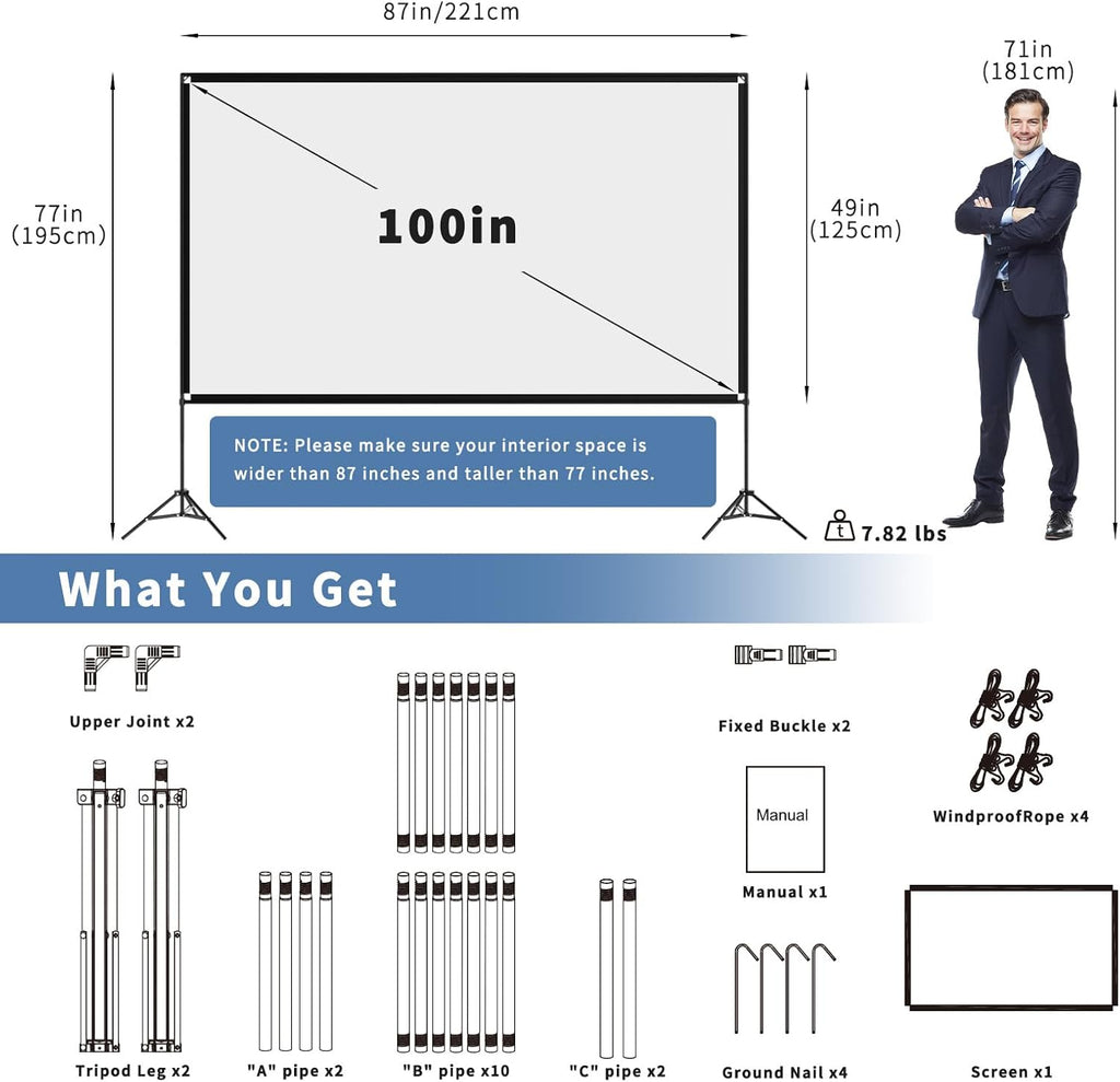 Projector Screen with Stand 100 Inch, 16:9 4K HD Portable Projector Screen Indoor Outdoor, Foldable Wrinkle-Free Movie Screen 160° Front Rear Projection Screen with Carry Bag for Home Movie