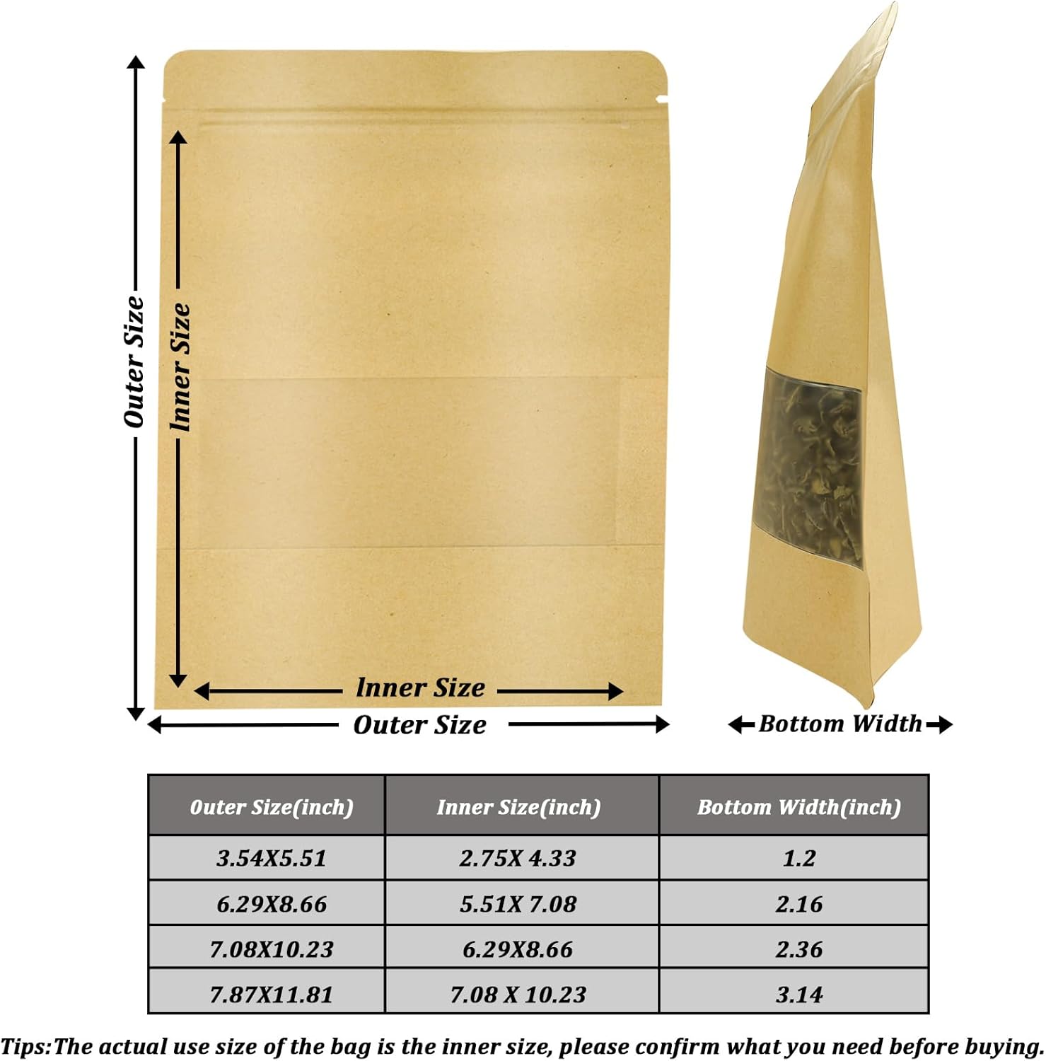 100 PCS Resealable Bags, Stand Up Kraft Paper Bags with Matte Window, Zipper Lock Food Storage Bags for Small Business and Home, 7.08 * 10.23 Inches Reusable Sealable Bags for Packaging