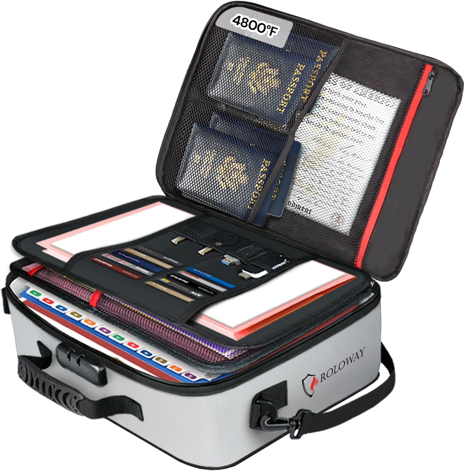 ROLOWAY Fireproof Document Bag with Lock (17 x 11.8 x 5 inch), Important Document Storage Bag with Multi-Layer File Organizers (Gray)