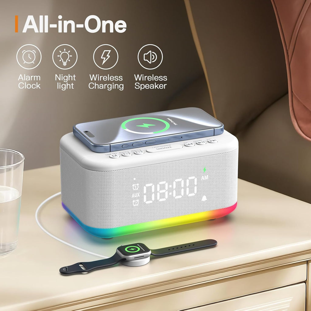 Alarm Clock Speaker Wireless Charger, Digital Alarm Clocks Bedrooms Bluetooth, Alarm Clock Dimmable Light Bedrooms Bluetooth Speaker Dual Alarm Snooze 12/24H Dimmer Support USB AUX, White