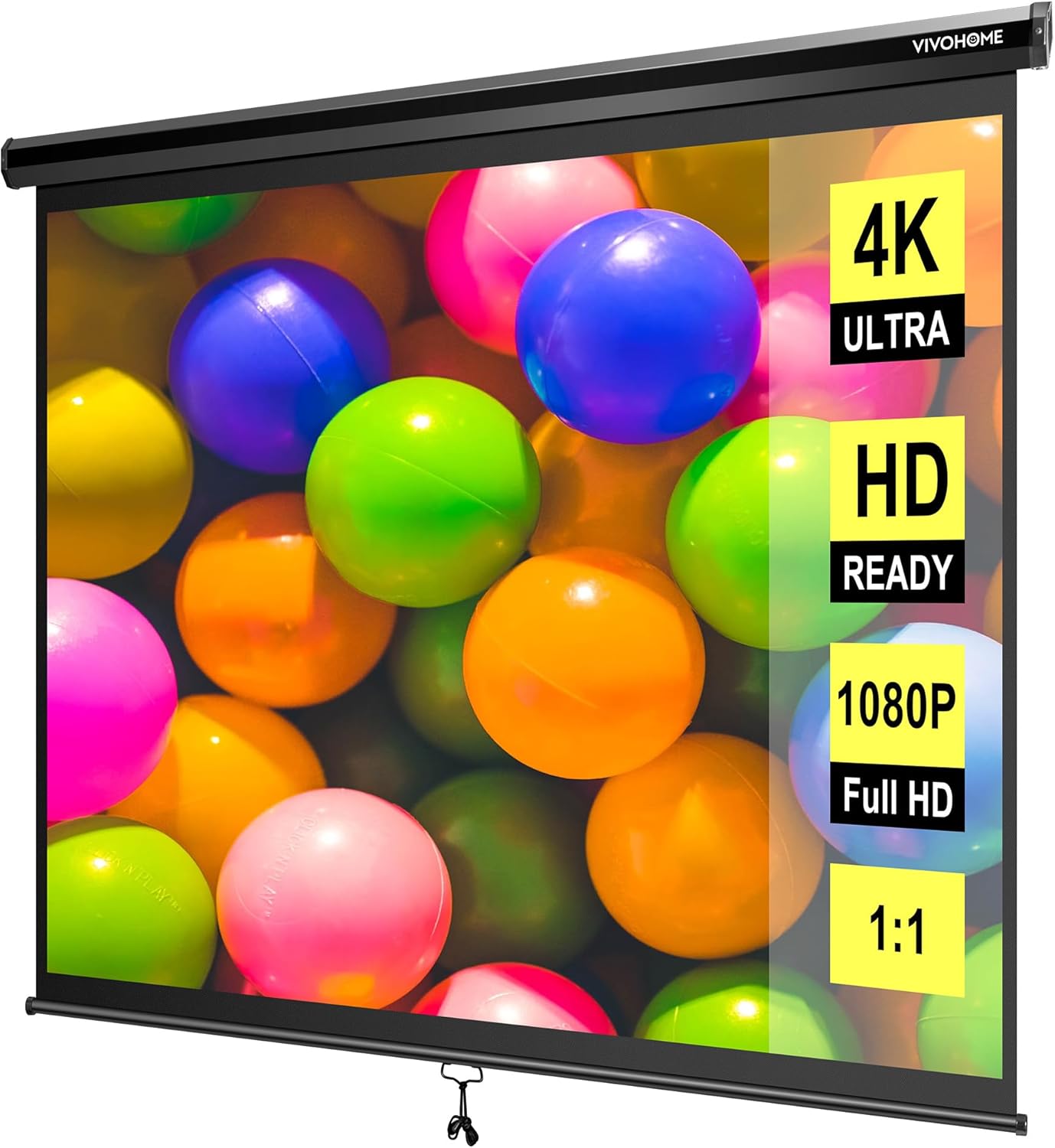 VIVOHOME Projector Screen Pull Down, 1:1 120 Inch Retractable Projection Screen, HD 4K Manual Pull Movie Screen for Home Theater, Cinema, Office (84x84 Inch Black)
