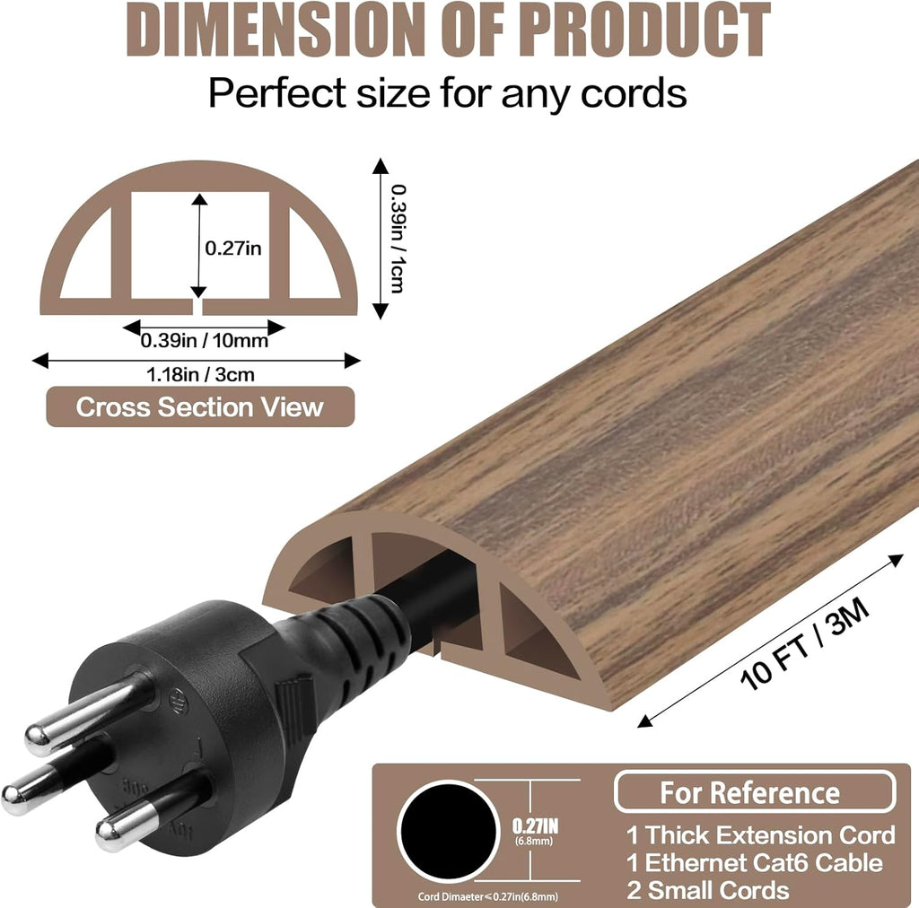 Floor Cord Cover Self Adhesive Cord Hider,10FT Cable Management, Extension Strip Protector for Wires, Prevent Cable Trips for Offices, Gyms, Exhibitions Cavity:0.39"(W) x0.27(H) Woodsmokedbrown