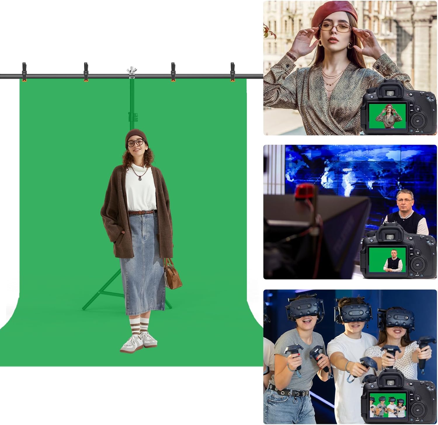 Green Screen Backdrop with Stand Kit, 6.5 X 10 Ft Green Screen, 6.5 X 6.5 Ft Backdrop Stand with Carrying Bag and 6 Clamps for Photography Studio,Streaming, Video conferences, Interviews, Chromakery