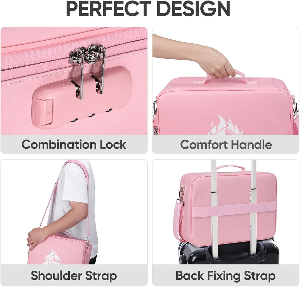 BALEINE Fireproof Document Box with Lock, Portable Fireproof Document Bag Waterproof Fire Proof File Boxes for Documents, File Organizer Box for Important Paperwork (Pink, 15''x11''x4'')