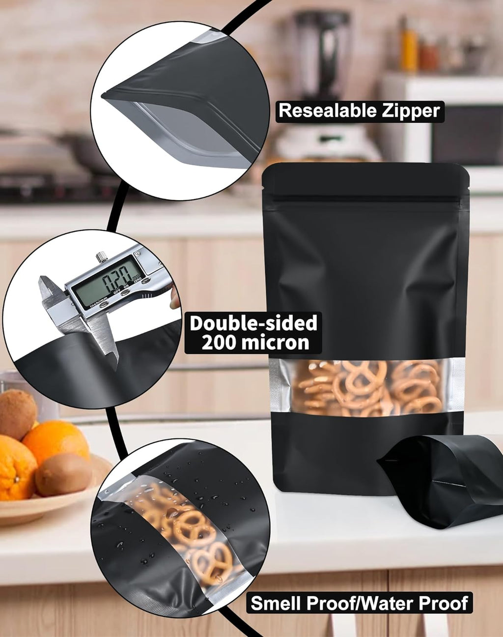 FireKylin 100 Pack Smell Proof Bags 5.5" x 7.8", Resealable Bags with Matte Window, Foil Pouch Stand Up Sealable Bags for Packaging（Black）