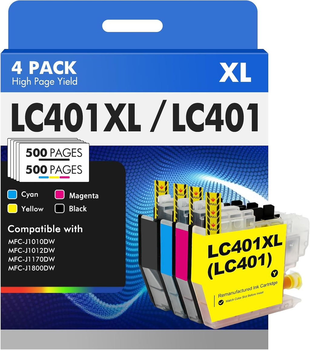 LC401 LC401XL MFC-J1010DW Ink Cartridges for Brother Printer LC 401 401XL for MFC-J1010DW MFC-J1170DW MFC-J1012DW MFC-J1800DW MFC J1010DW - 4 Pack High Yields Black Cyan Magenta Yellow
