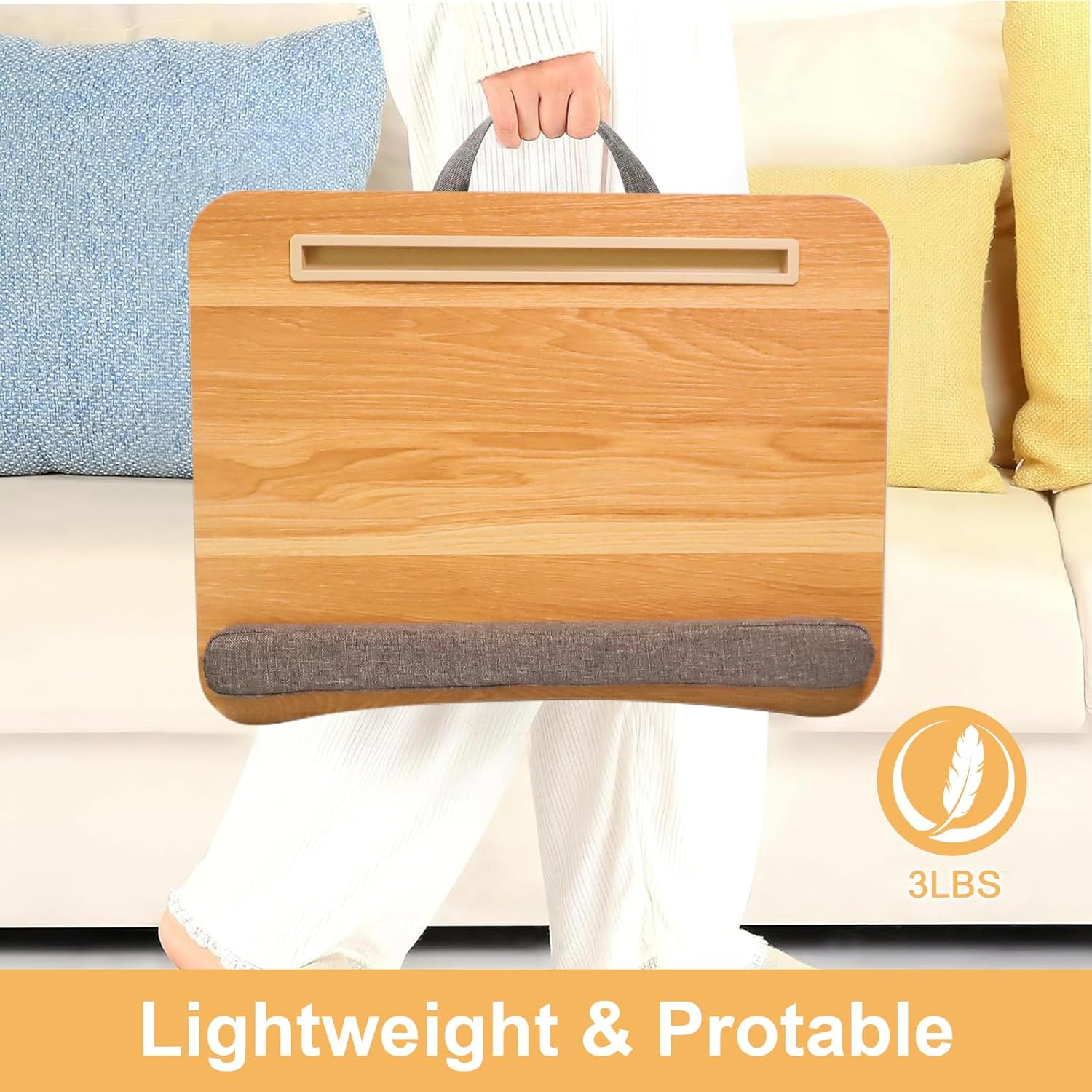 Portable Lap Desk for Laptop with Cushion, Storage Bag Fits Up to 15.6 Inch Laptop, Adults with Ipad/Phone & Pillow Holder for Home Office Bed Couch- Light Wood Color
