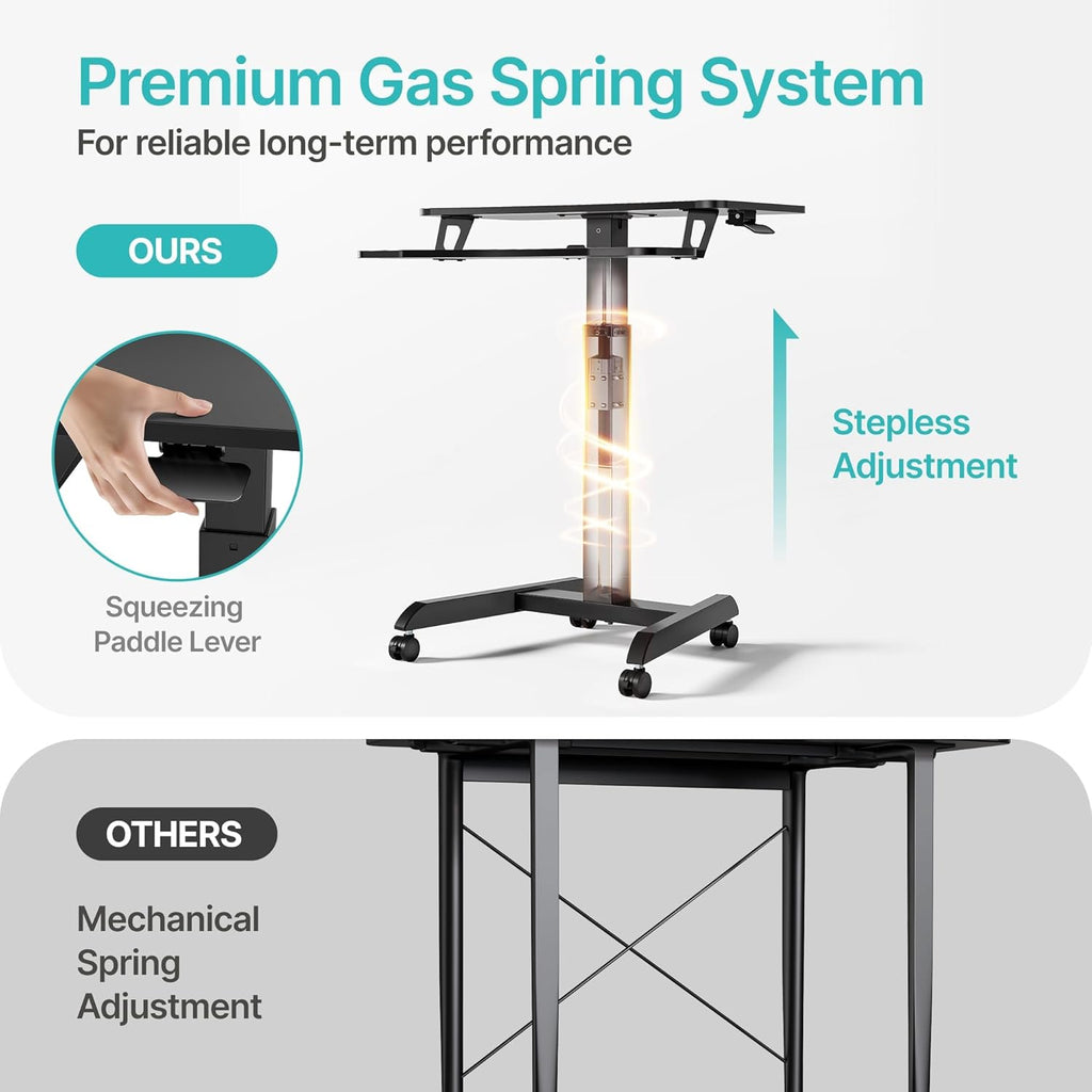 Standing Rolling Desk-Height Adjsutable up to 47.2' Rolling Podium for Teachers, 31.2'× 27.5' Dual Tier Sanding Desk for Classroom, Moveable Laptop Cart, Teacher Podium with Wheels, Black