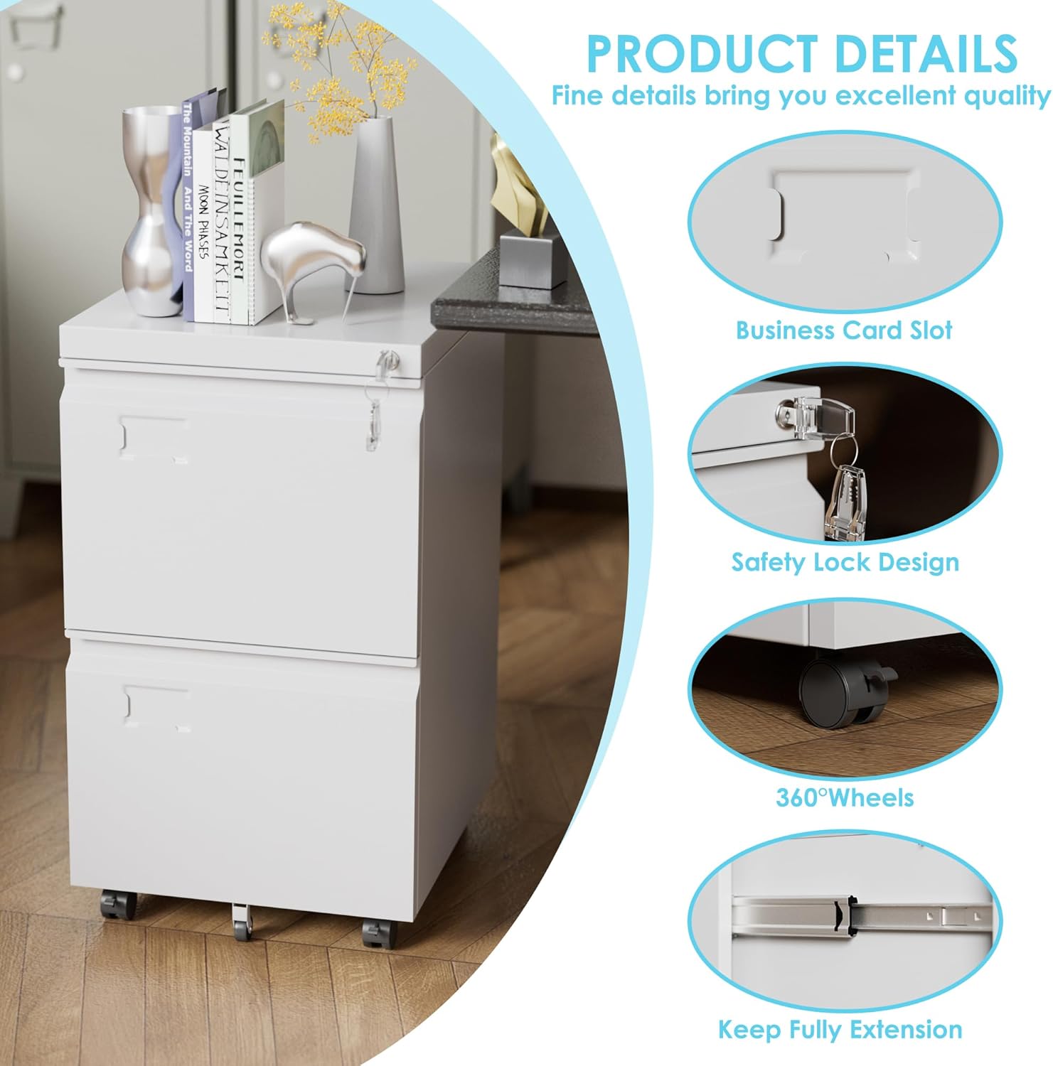 2 Drawer Mobile File Cabinet with Lock,Under Desk Metal Filing Cabinets for Home Office Fits Letters/Legal/A4 Size Folder, Assembly Required, White