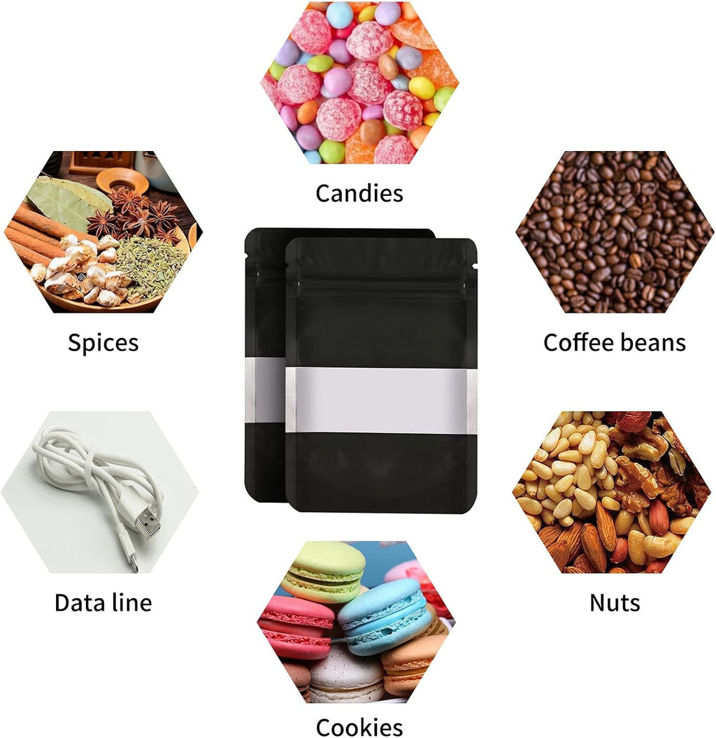 100 Pieces Smell Proof Mylar Resealable Food Storage Bags With Clear Window, Foil Pouch Stand-up for Self Sealing Supplies (Black, 5.3 x 7.8 Inch)