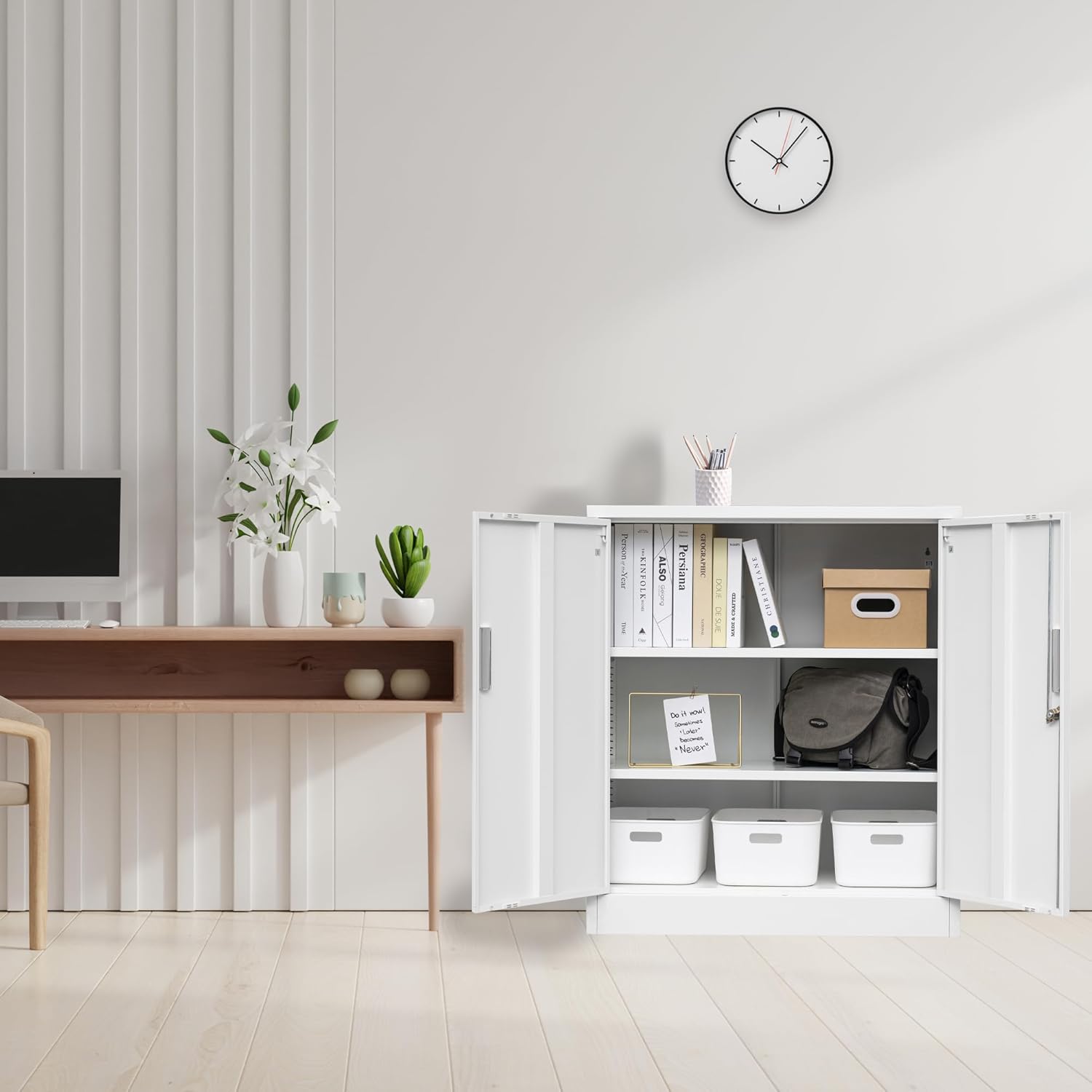 BESFUR Metal Storage Cabinet, 36"- White Locking Cabinet with Two Adjustable Shelves, Garage Storage Cabinet for Office, Garage, Home