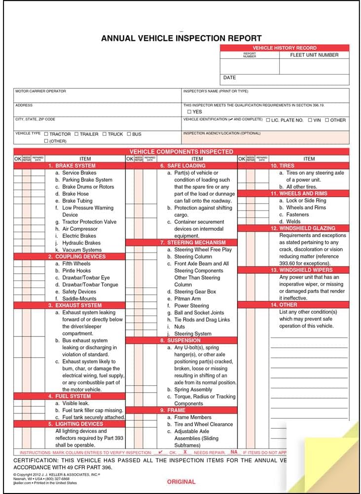 J. J. Keller 25-Pack, Annual Vehicle Inspection Report Forms, 3-Ply Carbonless Form, DOT Compliant
