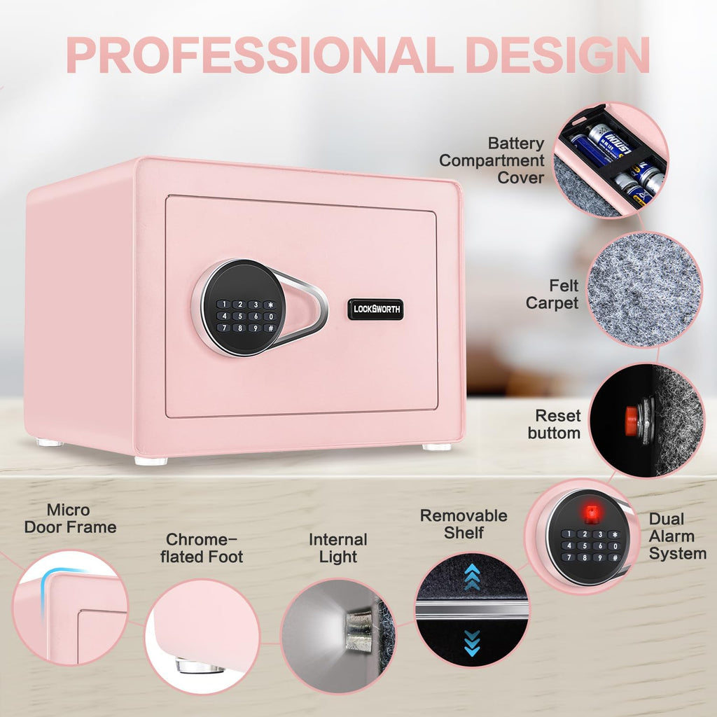 Safe for Home, 1.0 Cubic Feet Small Safe with Removable Shelf, Alarm System, Digital Electronic Security Money Box for Cash, Document, Home, Office, Hotel Use, Pink, 9.84"D x 13.78"W x 9.84"H